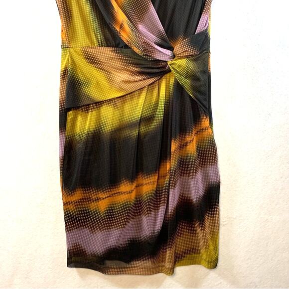 London Times Psychedelic Midi Dress Sz 14 Retro Disco Cyber Faux Wrap Office - Picture 4 of 16